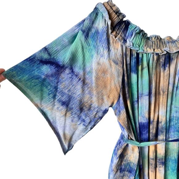 NEW Off Shoulder Tie Dye Dress Women Medium Tunic Blue Green Bell Sleeve Country - Picture 9 of 16